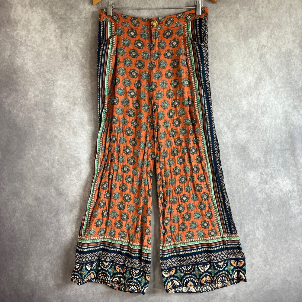 Elevenses Anthropologie Wide Leg Pants Womens 4 Orange Boho Tile Print Culottes - Picture 1 of 11